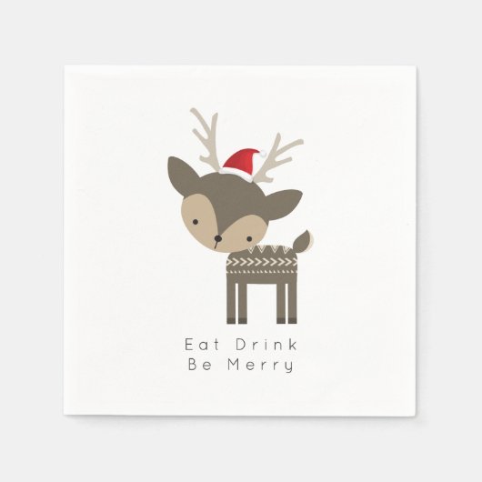 Serviette En Papier Mangez Boire Soyez Joyeux Cerf De Noël En Chapeau (Devant)