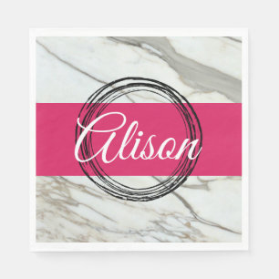 Serviette En Papier Marbre blanc et fuchsia rose ajouter nom