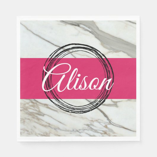 Serviette En Papier Marbre blanc et fuchsia rose ajouter nom (Devant)