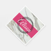 Serviette En Papier Marbre blanc et fuchsia rose ajouter nom (Coin)