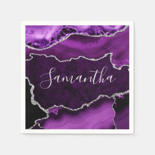 Serviette En Papier Marbre d'agate violet et faux paillettes argentées