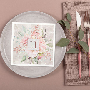 Serviette En Papier Marbre floral élégant rose pivoine Monogram