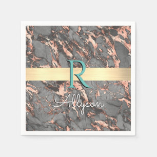Serviette En Papier Marbre gris et or rose, barre dorée, nom et monogr