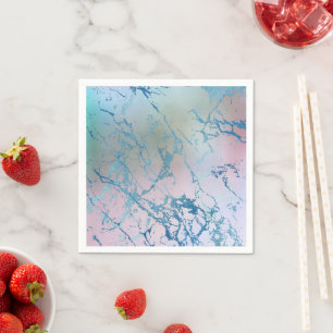 Serviette En Papier Marbre Iridescente   Tendance Faux Holo bleu rose