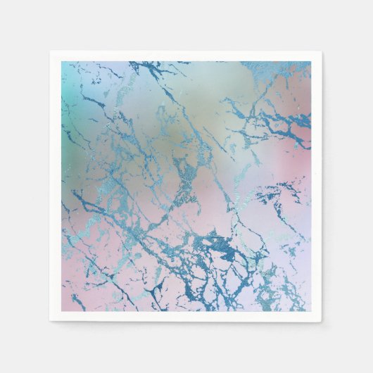Serviette En Papier Marbre Iridescente | Tendance Faux Holo bleu rose (Devant)