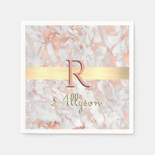 Serviette En Papier Marbre Or et Rose, Nom et Monogramme sur Barre Dor