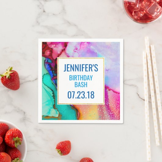 Serviette En Papier Marbre rose violet vert Abstrait Aquarelle (En situation)