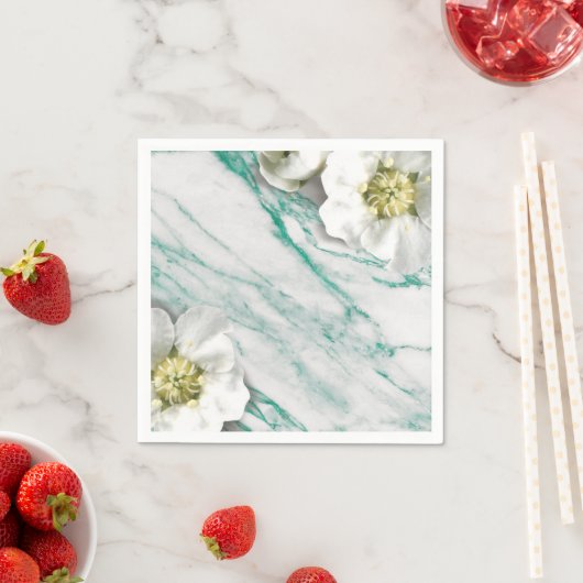 Serviette En Papier Marbre Tiffany Emerald White Jasmine Parties scint (En situation)