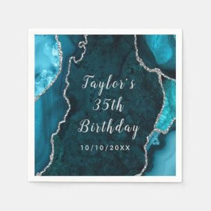 Serviette En Papier Marbre turquoise et Argent Agate Anniversaire