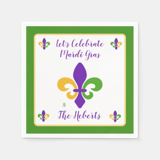 Serviette En Papier Mardi Gras NOM Vert Or Violet Fleur de Lis (Devant)