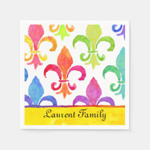 Serviette En Papier Mardi Gras Rainbow Fleur de lis Nom de famille