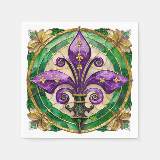 Serviette En Papier Mardi Gras Vitrail Fleur de lis  (Devant)