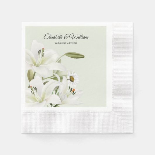 Serviette En Papier Marguerites Et Lys Blancs Fond Vert Clair (Devant)