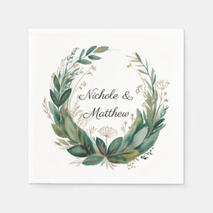 Serviette En Papier Mariage à cadre floral vert émeraude et or