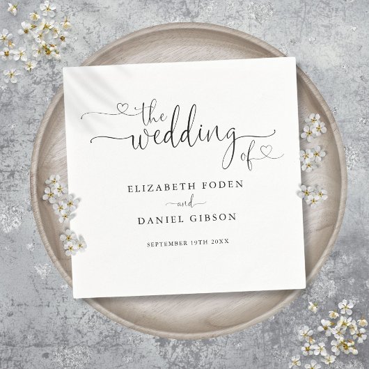 Serviette En Papier Mariage à cœur noir et blanc en écriture script