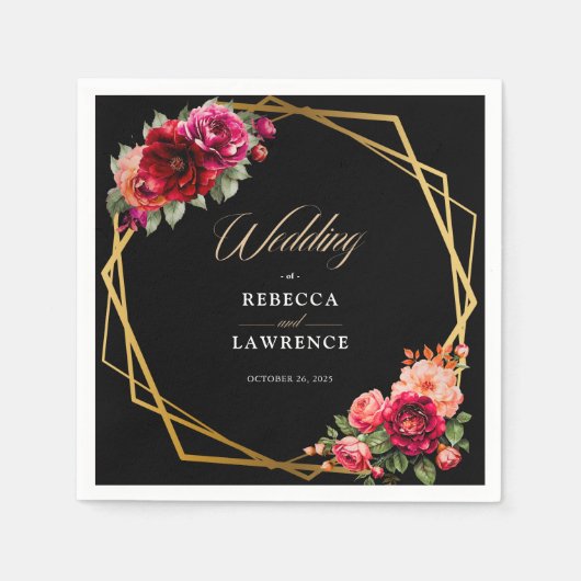 Serviette En Papier Mariage à fleurs noir rouge chic (Devant)