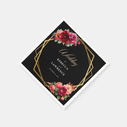 Serviette En Papier Mariage à fleurs noir rouge chic (Coin)