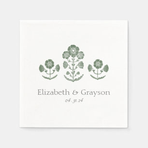 Serviette En Papier Mariage à impression botanique verte et blanche su
