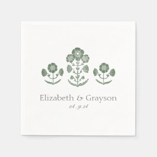 Serviette En Papier Mariage à impression botanique verte et blanche su
