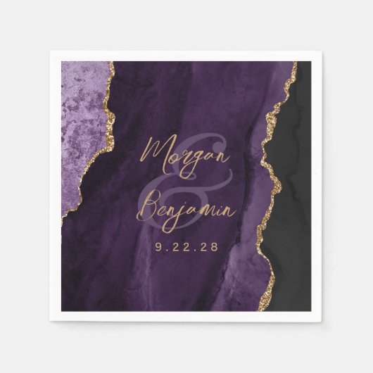Serviette En Papier Mariage à l'écriture dorée Agate Violette (Devant)