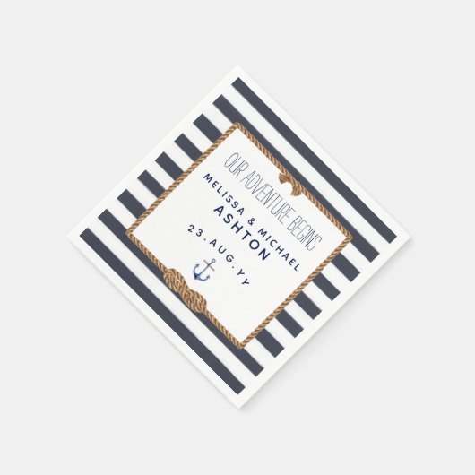 Serviette En Papier Mariage à l'infini avec noeud marin rayé bleu mari (Coin)
