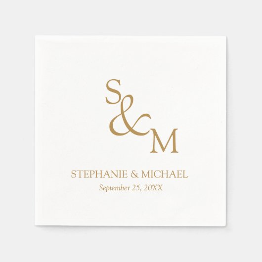 Serviette En Papier Mariage à monogramme minimal de script d'or (Devant)