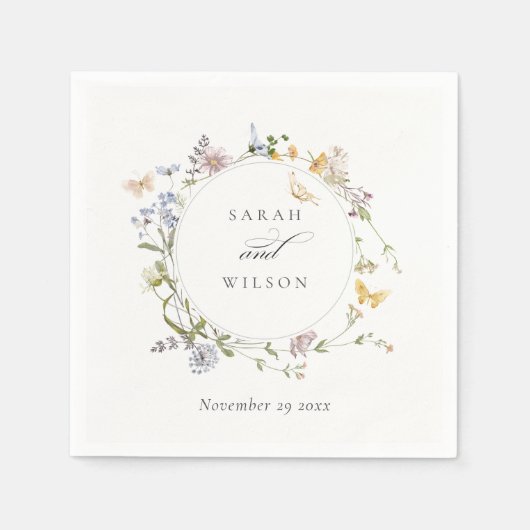 Serviette En Papier Mariage à papillon de fleurs de prairie rustique (Devant)