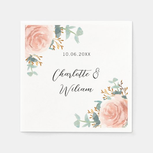 Serviette En Papier Mariage à rougeur rose d'eucalyptus floraux (Devant)
