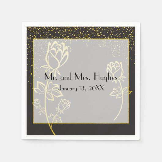 Serviette En Papier Mariage à thème Rose de feuille d'or (Devant)