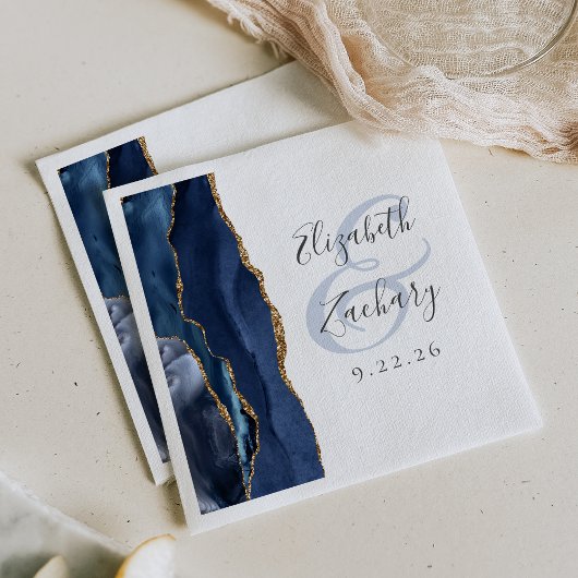 Serviette En Papier Mariage Agate Géode Écriture Bleu Nuit Or