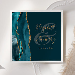 Serviette En Papier Mariage Agate Géode Écriture Sombre Turquoise Or