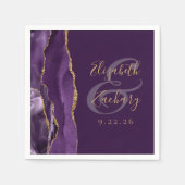 Serviette En Papier Mariage Agate Géode Écriture Violet Or Prune (Devant)
