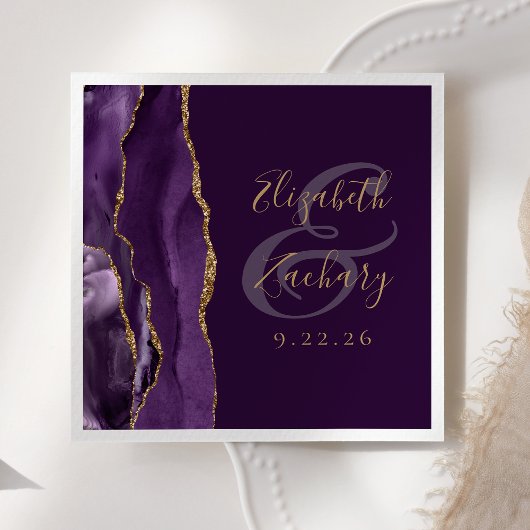 Serviette En Papier Mariage Agate Géode Écriture Violet Or Prune