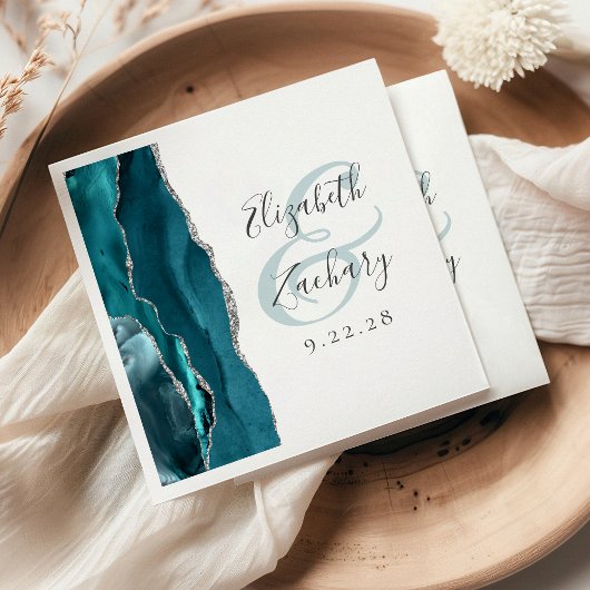 Serviette En Papier Mariage Agate Geode Script Bleu Canard Argent