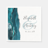 Serviette En Papier Mariage Agate Geode Script Bleu Canard Argent (Devant)