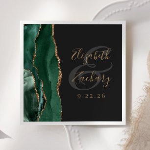Serviette En Papier Mariage Agate Geode Script Émeraude Vert Or Sombre
