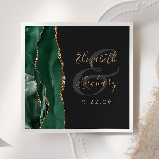 Serviette En Papier Mariage Agate Geode Script Émeraude Vert Or Sombre