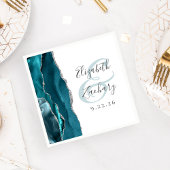 Serviette En Papier Mariage Agate Geode Script Turquoise Argent