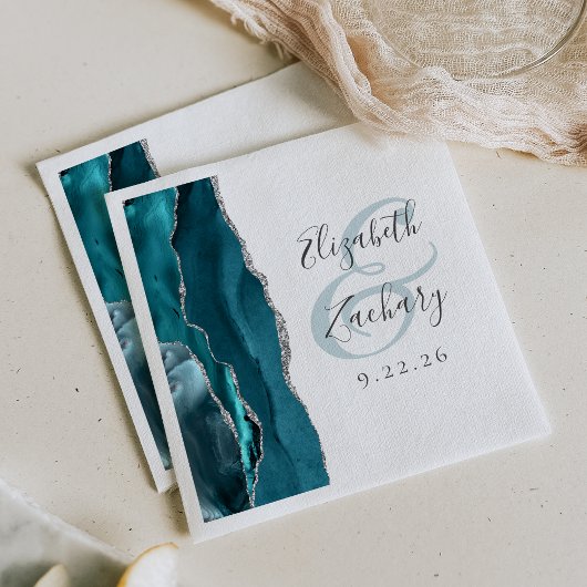 Serviette En Papier Mariage Agate Geode Script Turquoise Argent