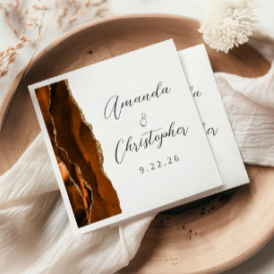 Serviette En Papier Mariage Agate Orange Brûlé Or Script