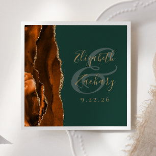Serviette En Papier Mariage Agate Oranger Brûlé Vert Foncé Or