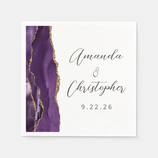 Serviette En Papier Mariage Agate Purple Gold Script (Devant)