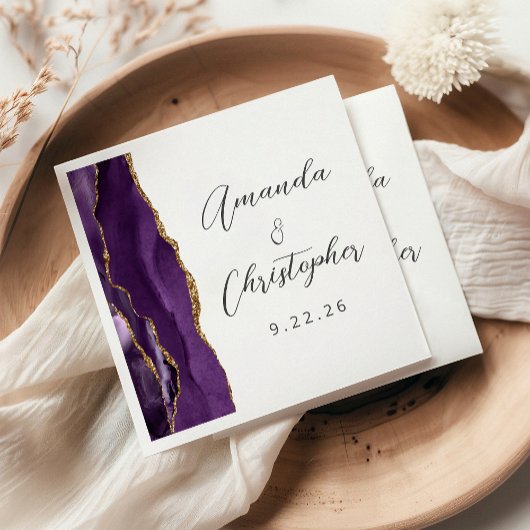 Serviette En Papier Mariage Agate Purple Gold Script