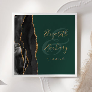 Serviette En Papier Mariage Agate Script Noir Or Emeraude Vert