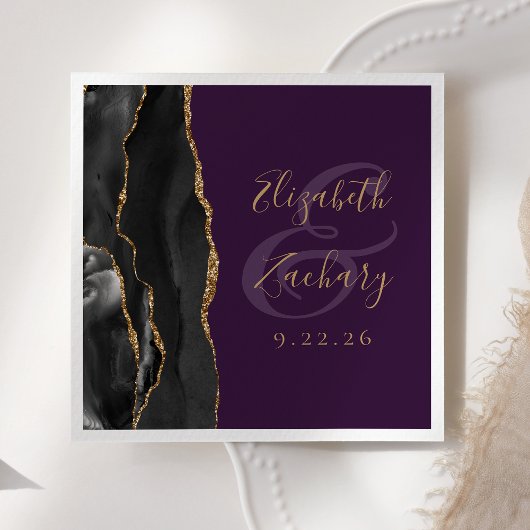 Serviette En Papier Mariage Agate Script Noir Or Profond Violet