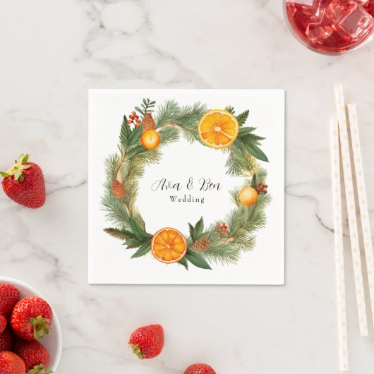 Serviette En Papier Mariage aiguilles de pin vert tranche orange (En situation)