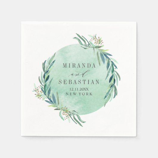 Serviette En Papier Mariage aqua monogramme de guirlande d'eucaliptus  (Devant)