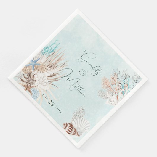 Serviette En Papier Mariage Aqua Ocean & Shells (Coin)