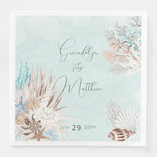 Serviette En Papier Mariage Aqua Ocean & Shells (Devant)