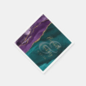 Serviette En Papier Mariage Aquarelle Agate Script Violet Or Turquoise (Coin)